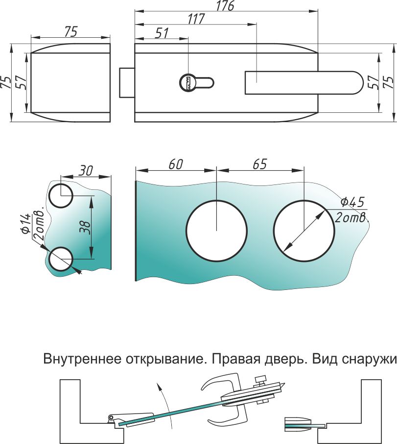 A-LHL-002 замок ключ- защелка ответка на стекло прав. PSS?>
